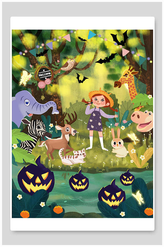 万圣节森林动物聚会插画