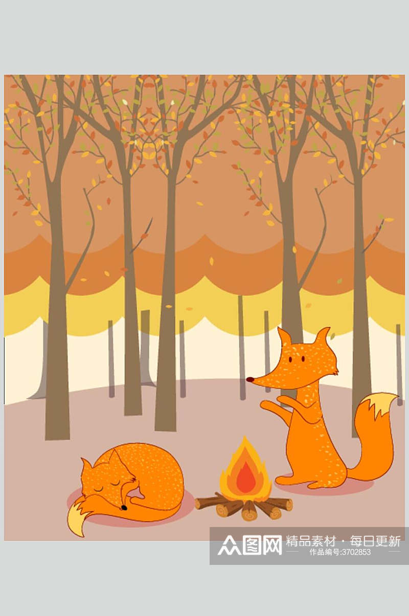 黄色树狐狸插画矢量素材素材
