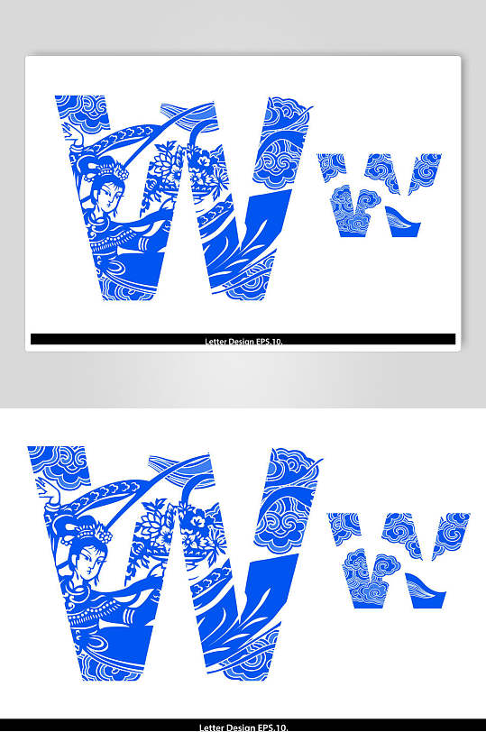 中国风古典青花瓷字母动物矢量素材图案个性