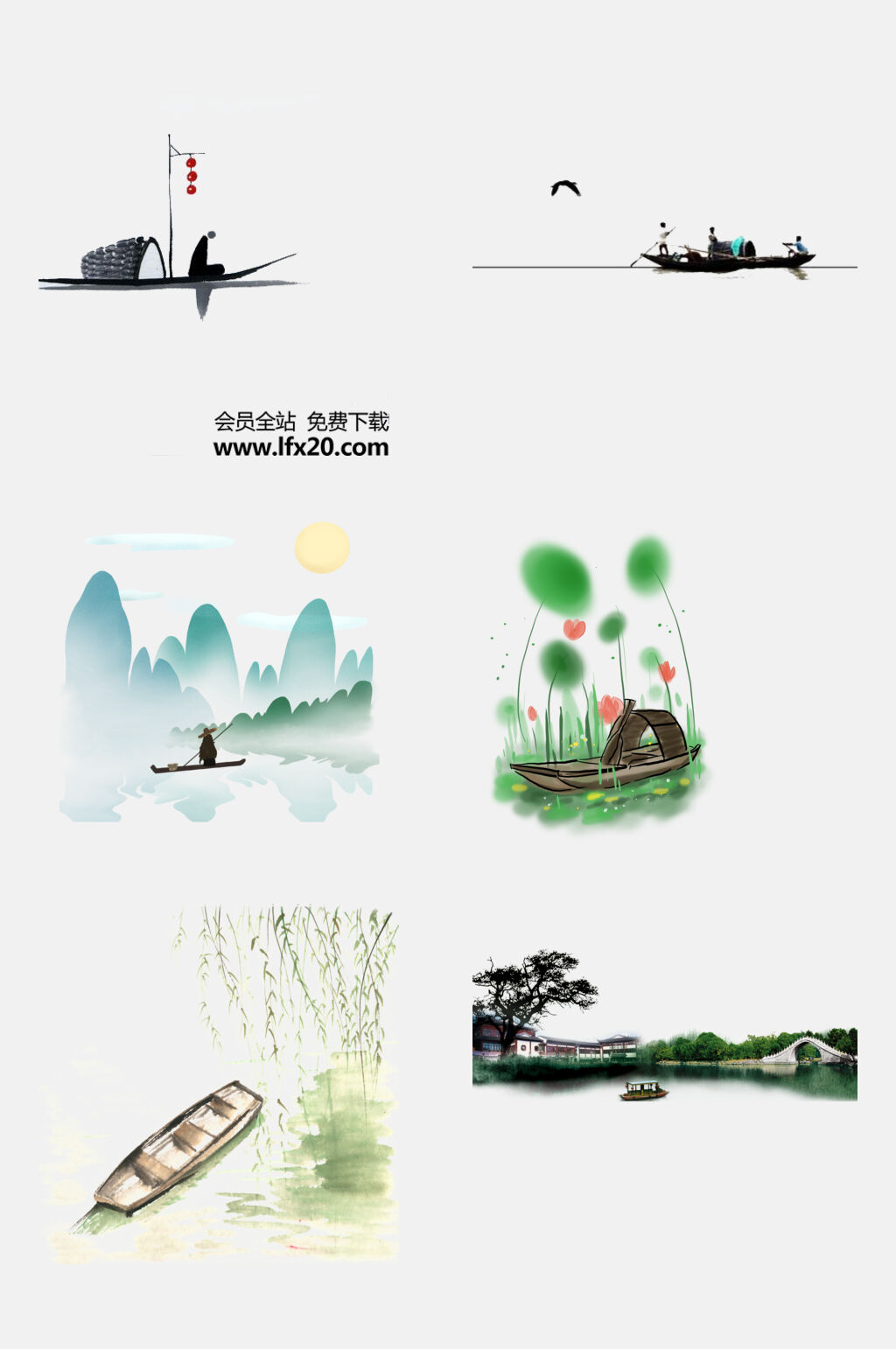 时尚水墨山水船手绘免抠素材素材