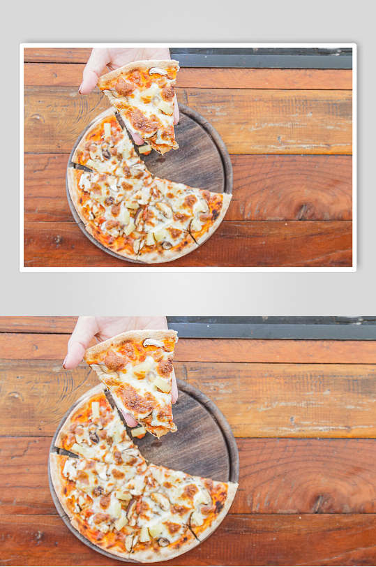 招牌木纹底食物披萨美食餐饮摄影图片