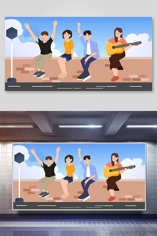 蓝黄手绘高端大气时尚校园生活插画