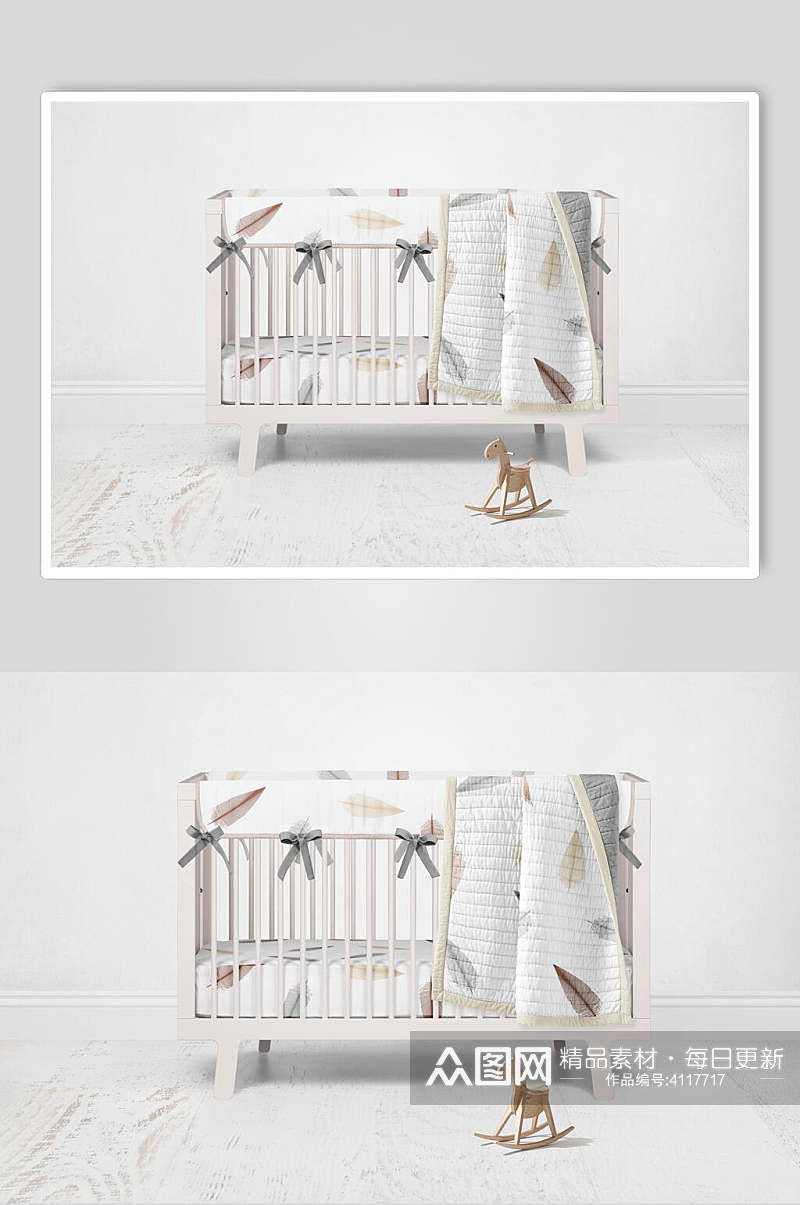毯子木架木板蝴蝶结灰色婴儿床样机素材