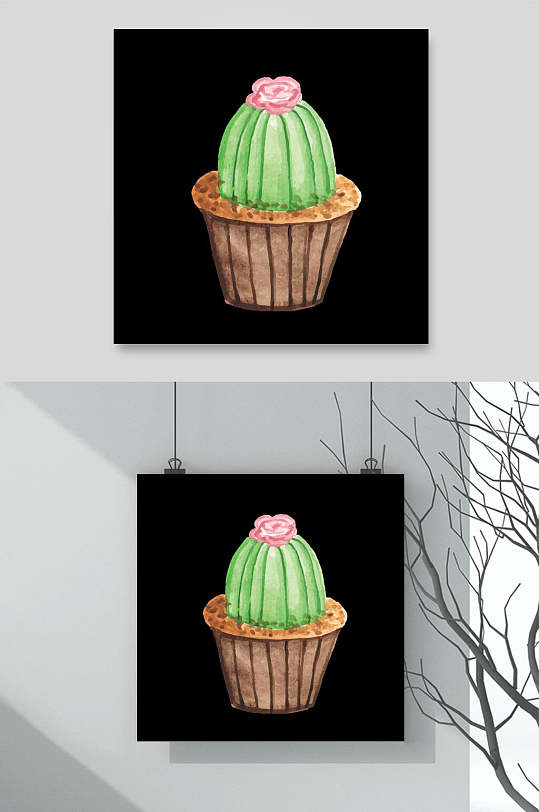 水彩植物仙人球盆栽手绘矢量素材