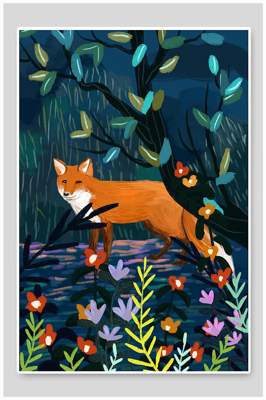 花朵手绘高端创意唯美森林动物插画