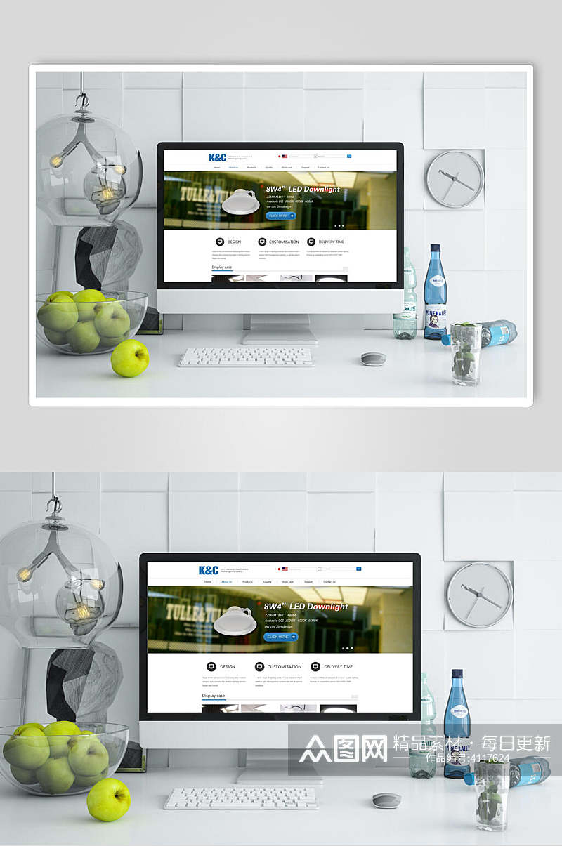 青苹果瓶子挂钟绿台式电脑屏幕样机素材