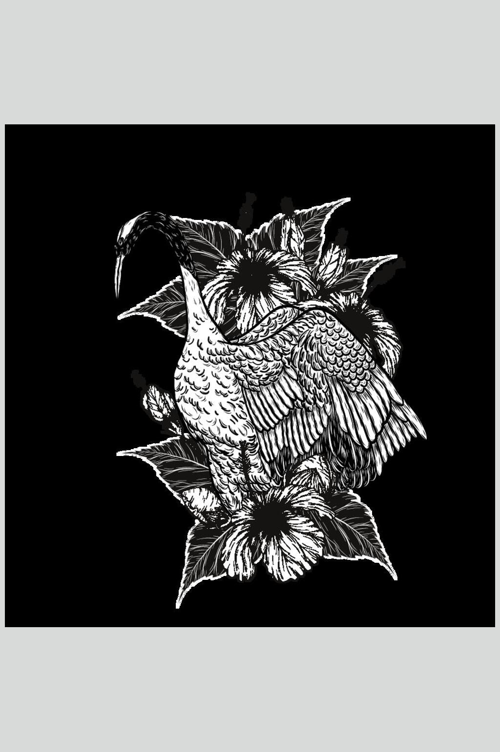 黑白植物手绘仙鹤插画图案矢量素材素材