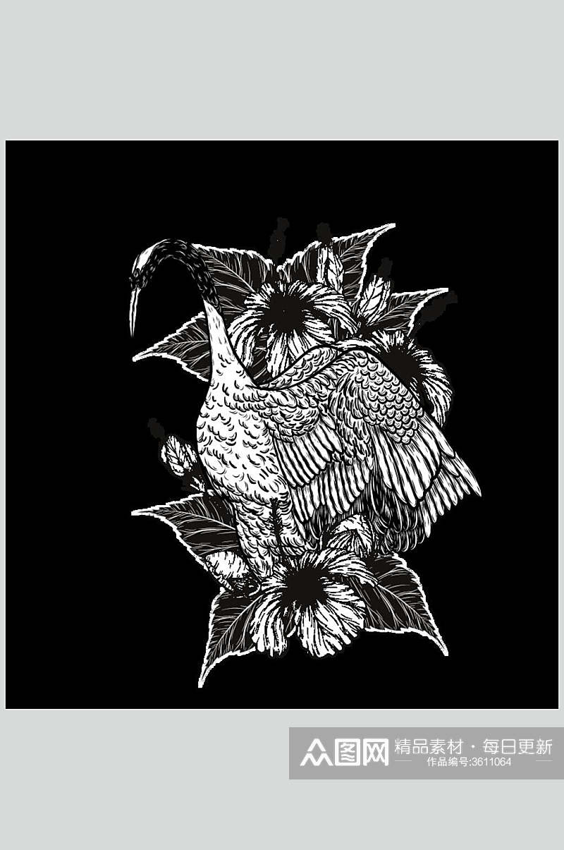 黑白植物手绘仙鹤插画图案矢量素材素材