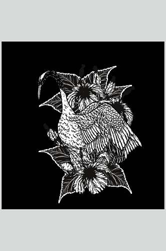黑白植物手绘仙鹤插画图案矢量素材