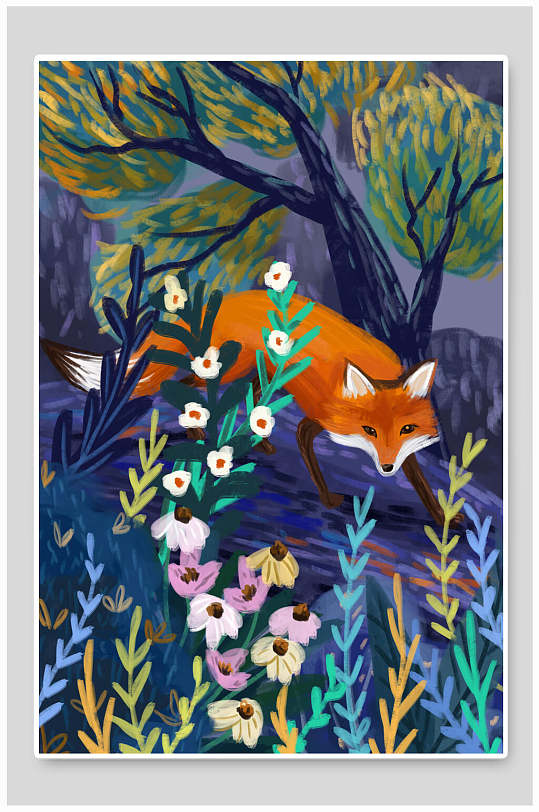 狐狸清新高端创意唯美森林动物插画