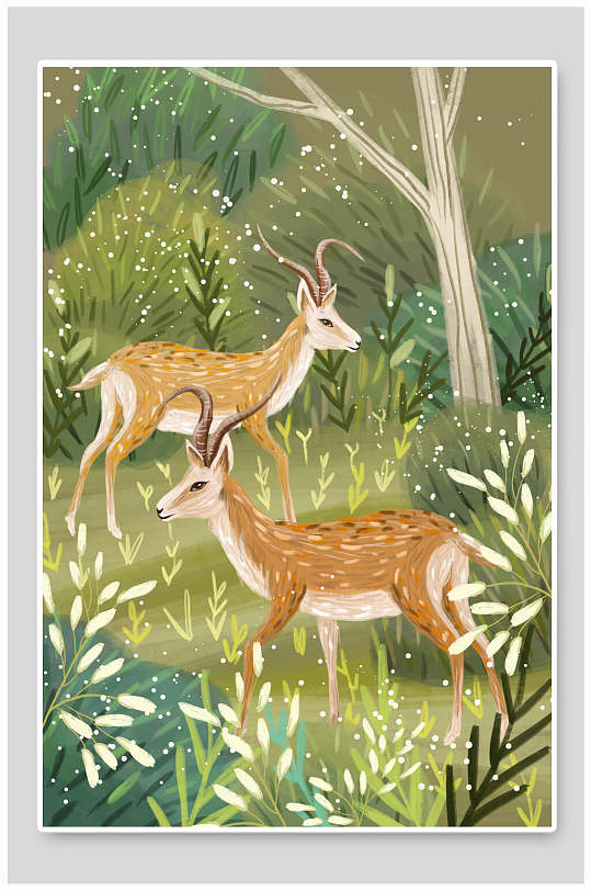 绿色高端大气清新唯美森林动物插画