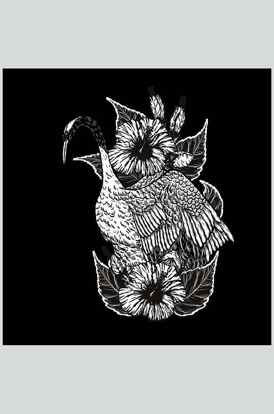 黑白唯美大气高端仙鹤插画图案素材