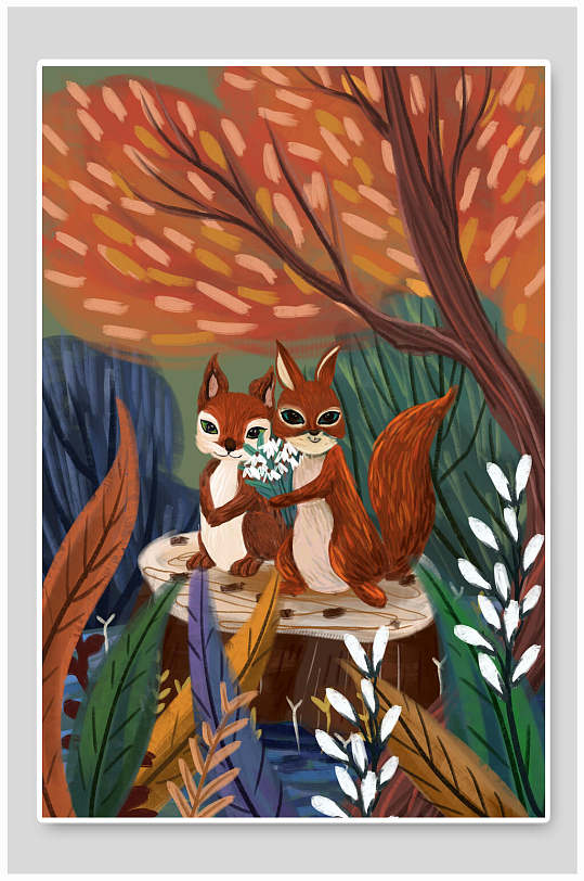 手绘素雅高端创意唯美森林动物插画