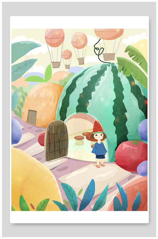 清晰卡通西瓜房插画