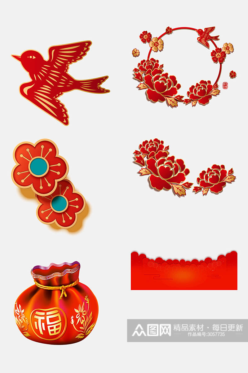 中国风红色新年花朵免抠元素素材
