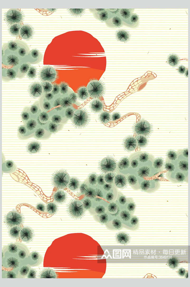 花纹太阳复古仙鹤插画矢量素材素材