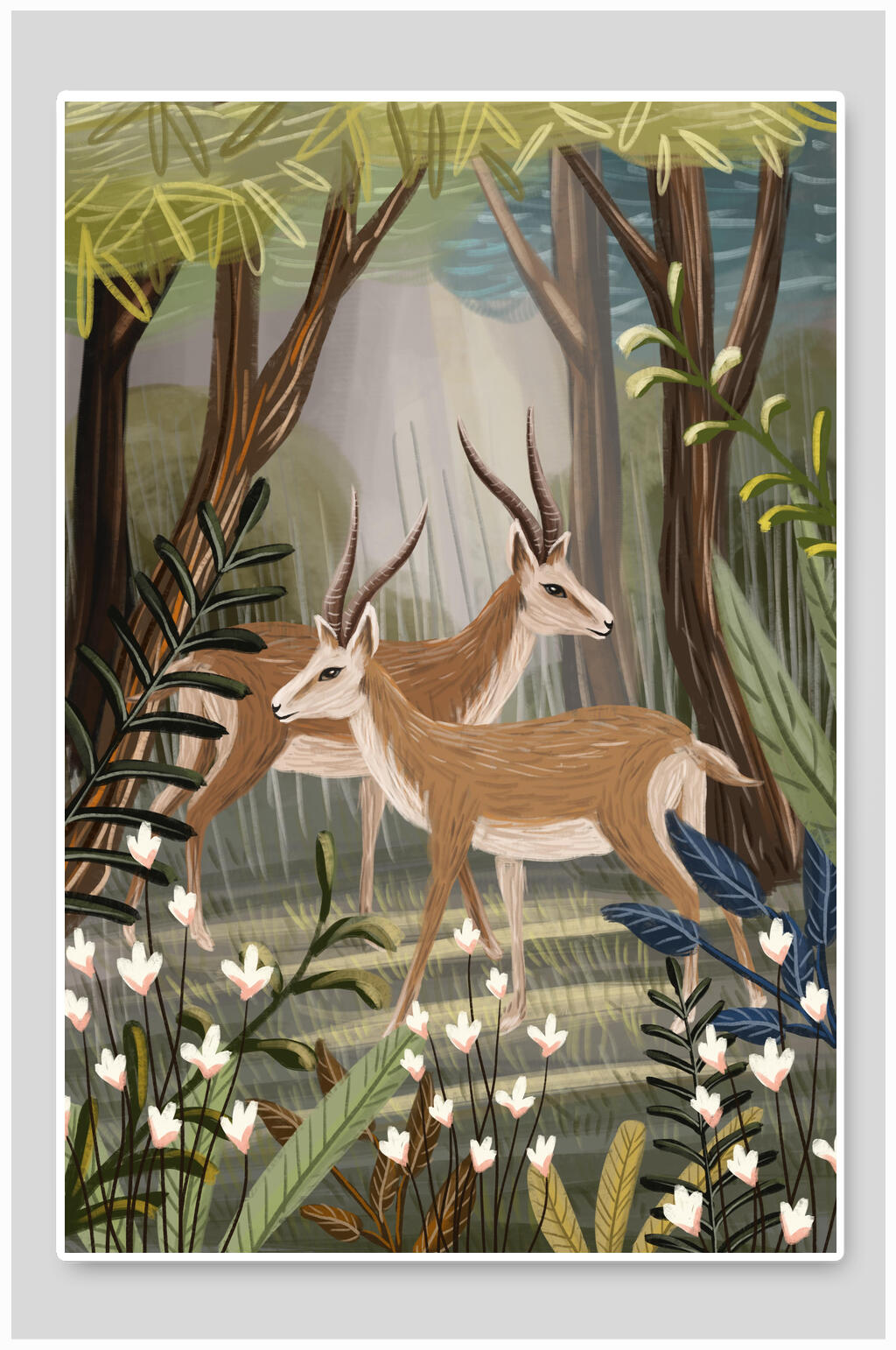 麋鹿手绘高端大气唯美森林动物插画