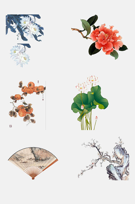 清新中国风工笔画动植物免抠素材