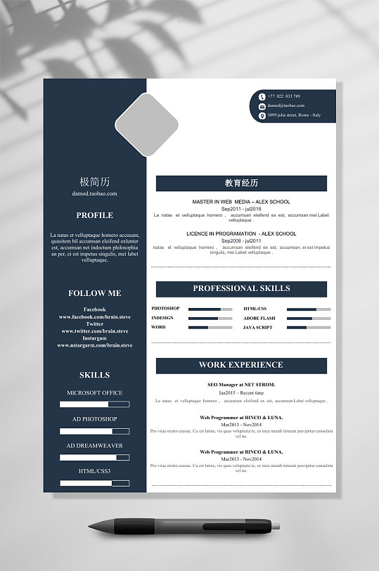 菱形国外英文简历WORD模板-众图网