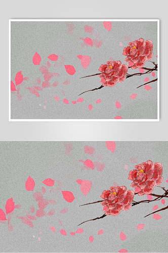 粉色花瓣花卉古典山水水墨插画素材