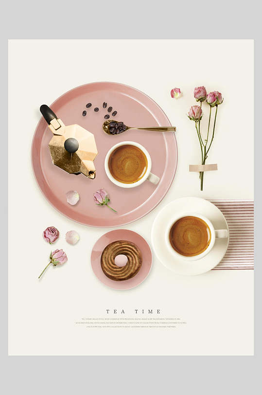 粉色玫瑰咖啡甜甜圈点心饮品摆盘海报