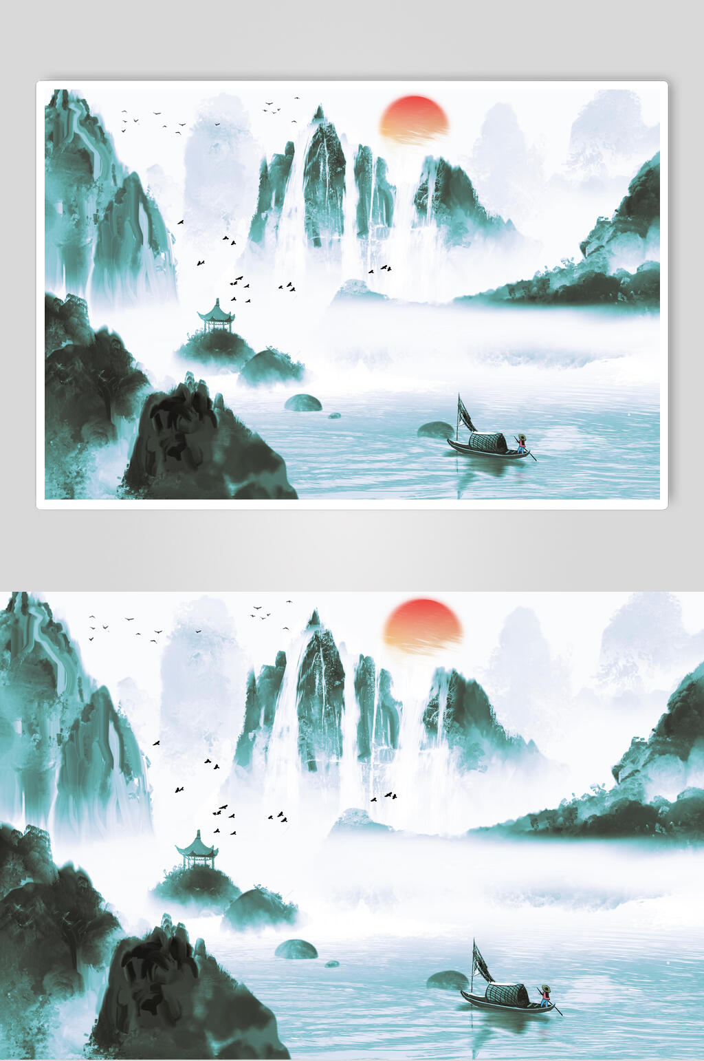 优美古典山水风景水墨插画素材素材