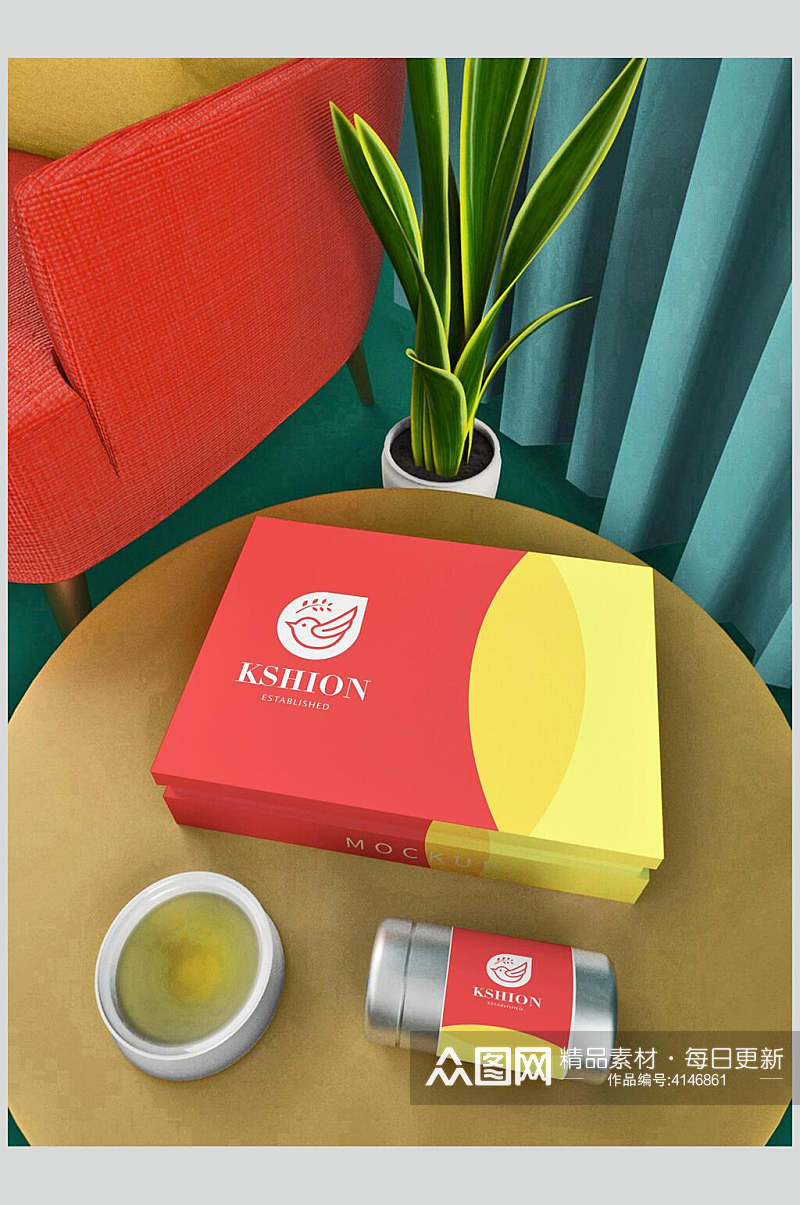 植物盒子红黑茶叶包装设计展示样机素材
