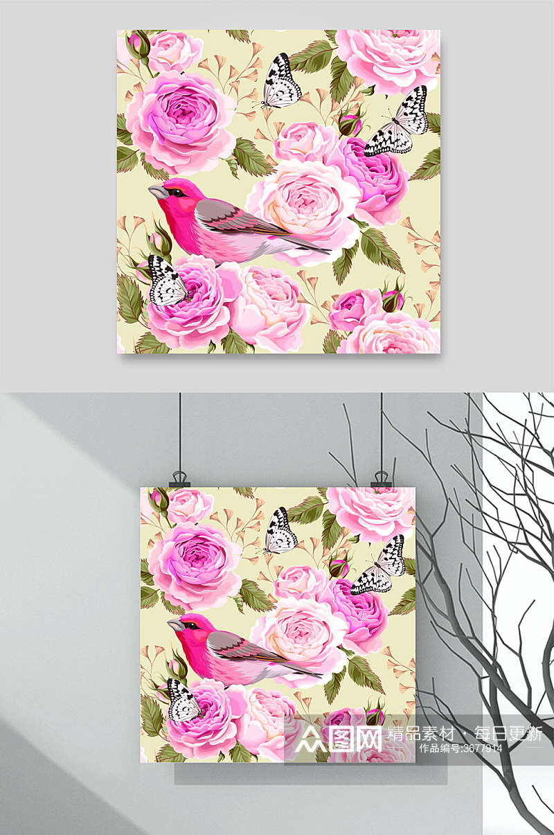清新手绘水彩花朵鸟蝴蝶背景矢量设计素材素材