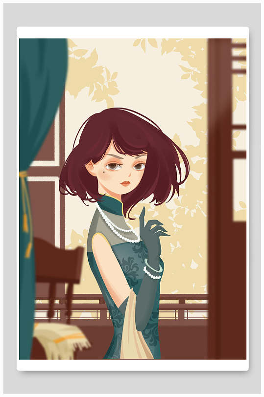 简约黄色简约民国古风旗袍美人插画