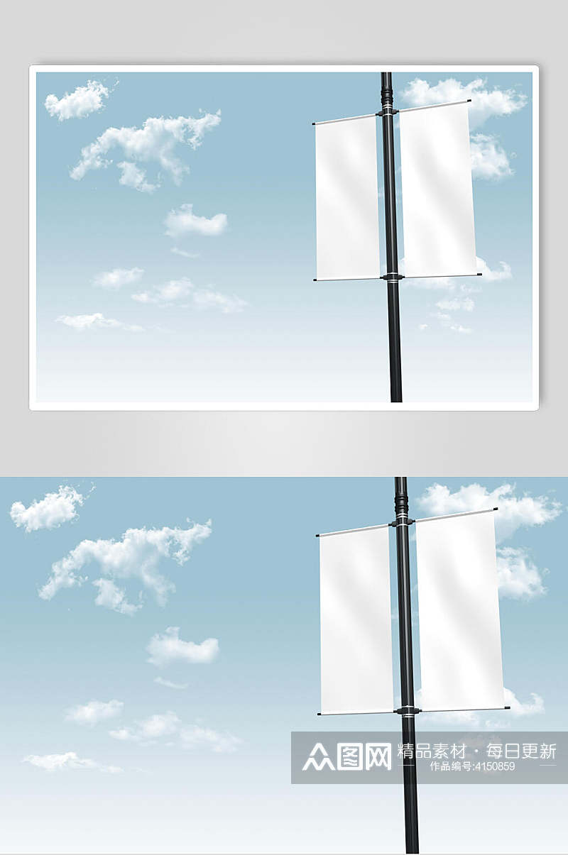 白色竖版道旗路灯广告旗帜展示样机素材
