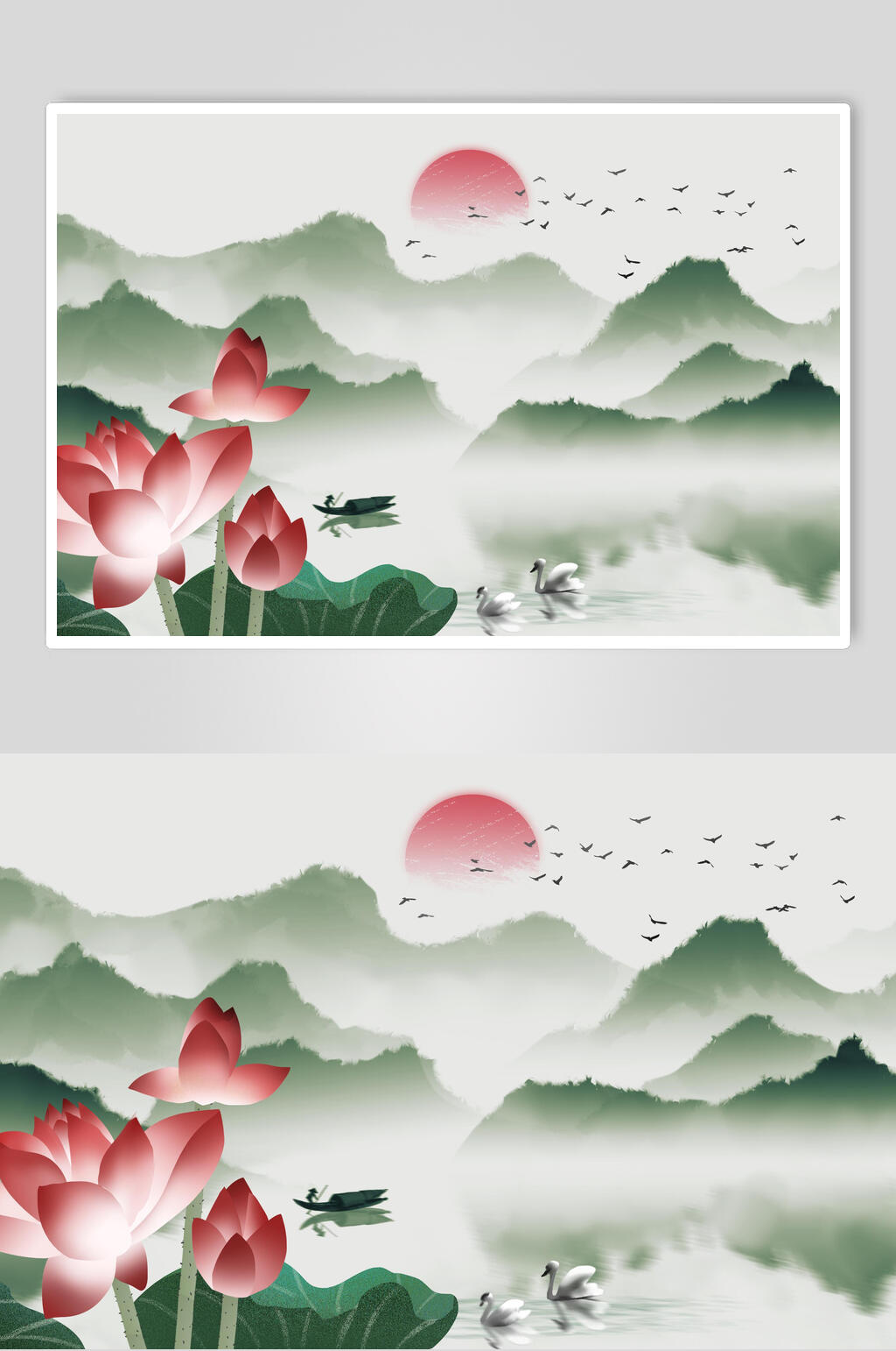 中国风古典荷花山水水墨插画素材素材