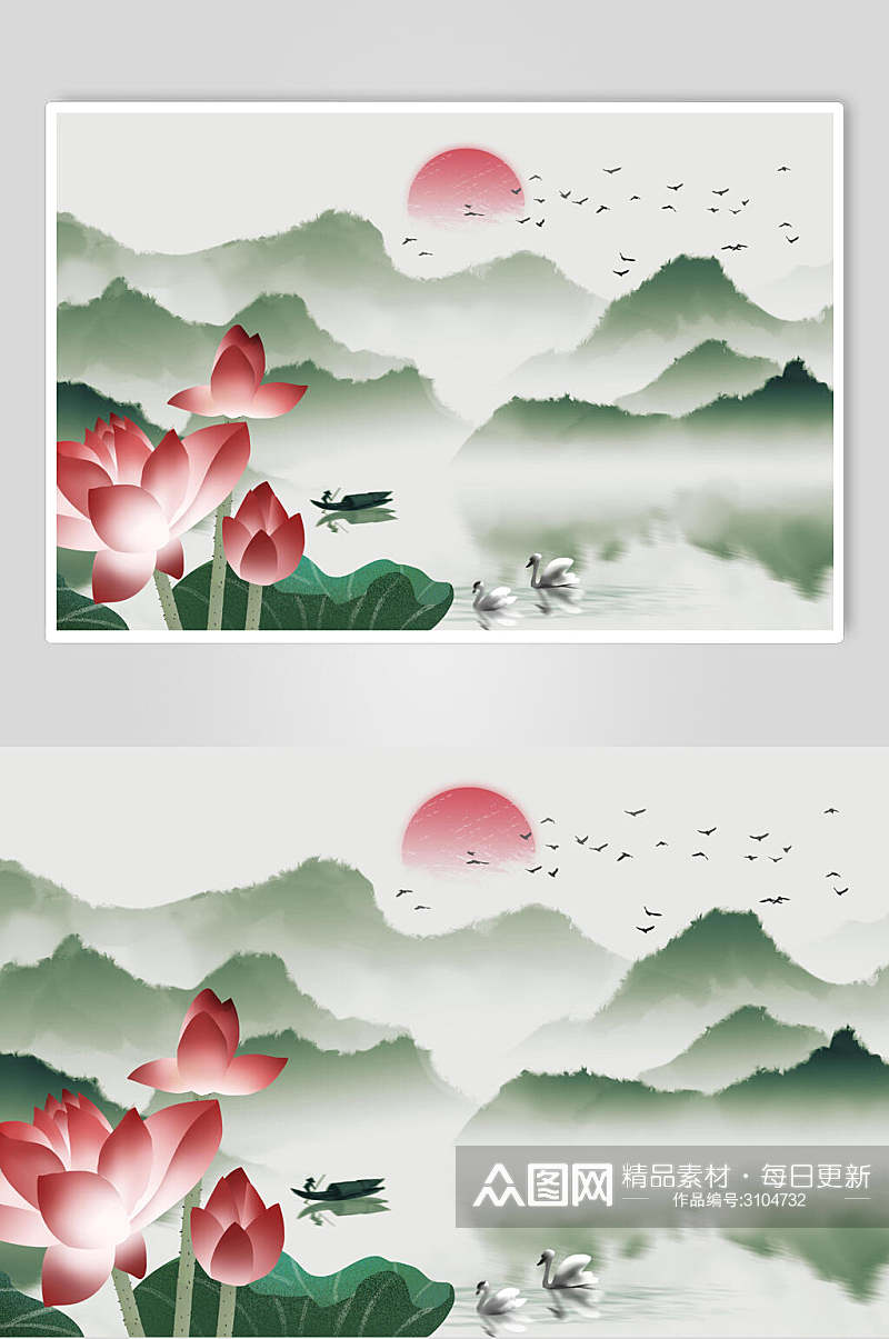 中国风古典荷花山水水墨插画素材素材