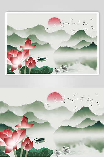 中国风古典荷花山水水墨插画素材