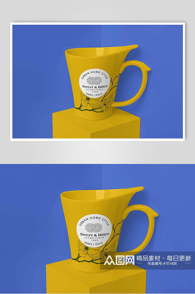蓝黄色杯子马克杯图案设计展示样机素材