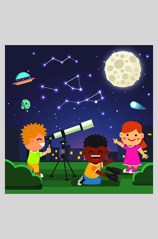 卡通天文望远镜太空宇航员矢量插画素材