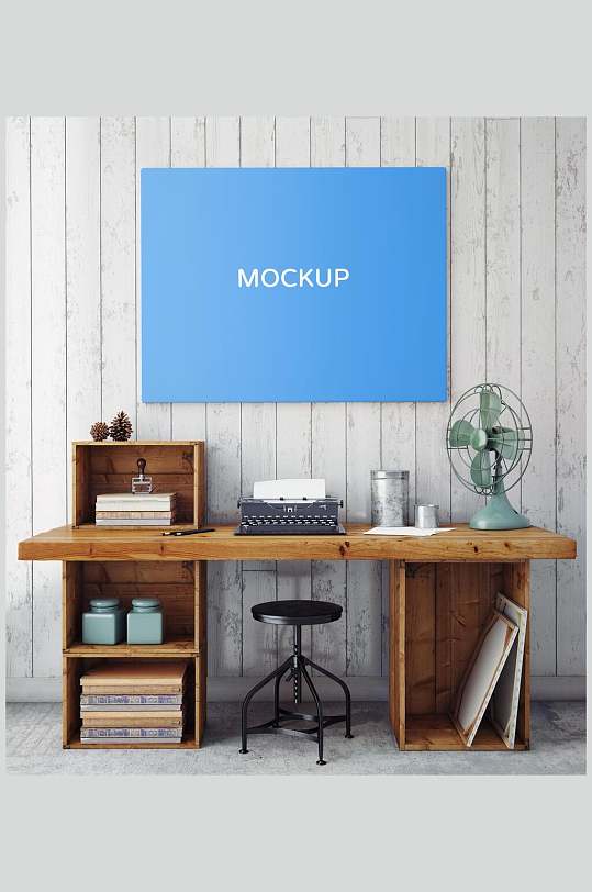 场景样机办公楼室内墙面画框海报样机时尚简约办公桌画框装饰画海报挂