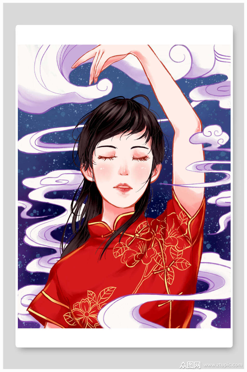 国潮民国古风旗袍美人插画素材素材