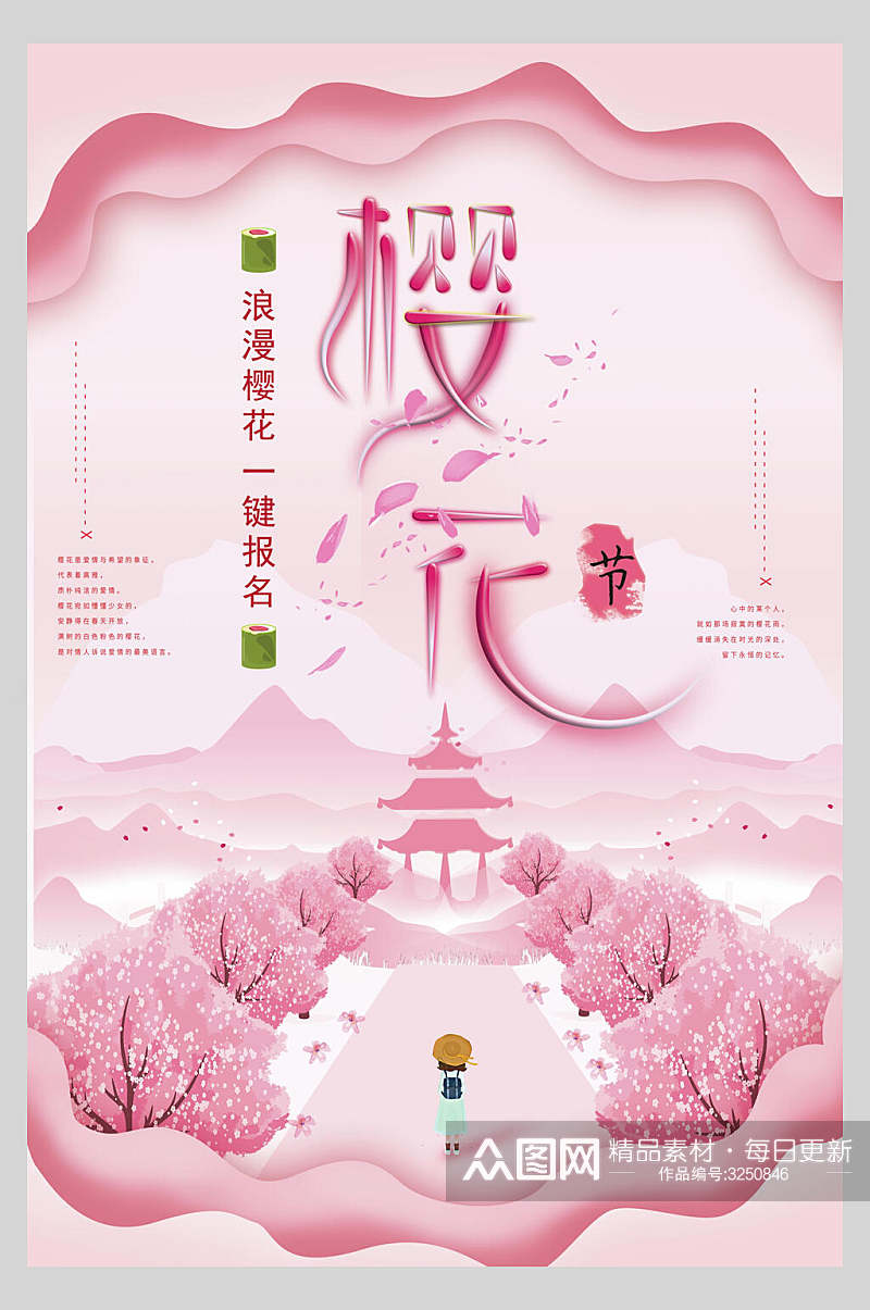 粉色弧形赏花樱花节旅游海报素材