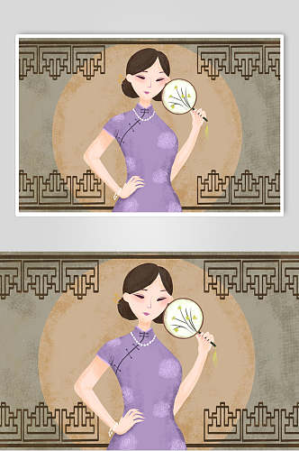 中式创意民国古风旗袍美人插画素材