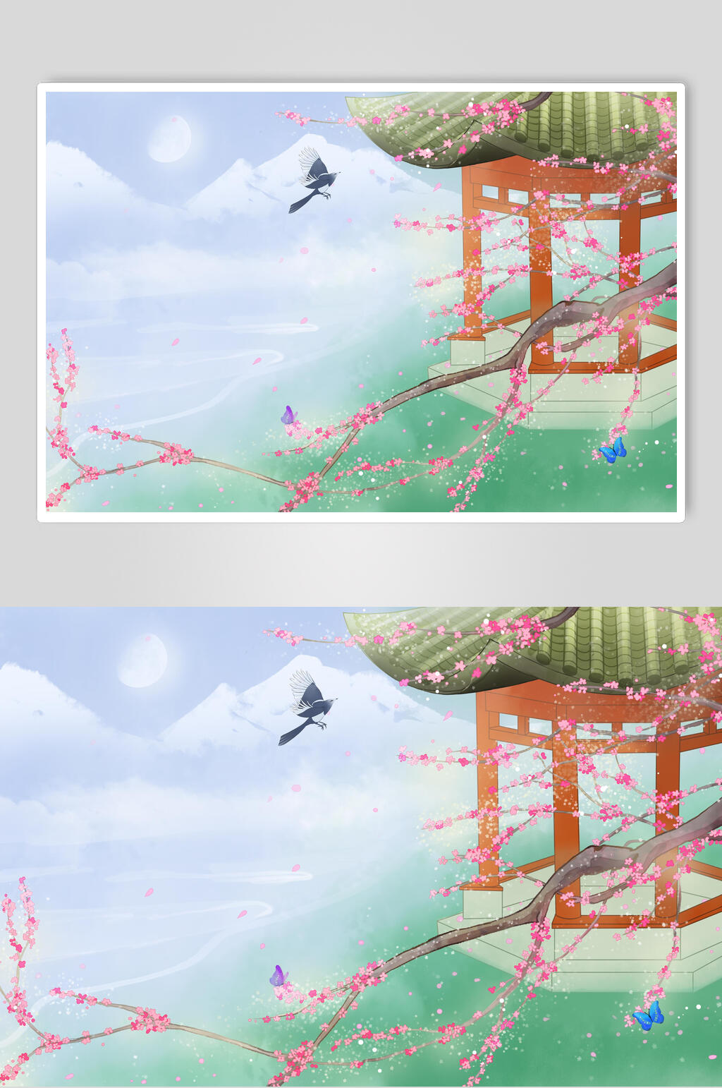 清新古典山水花鸟水墨插画素材素材