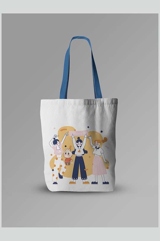 蓝带时尚女孩图案帆布包手提包样机