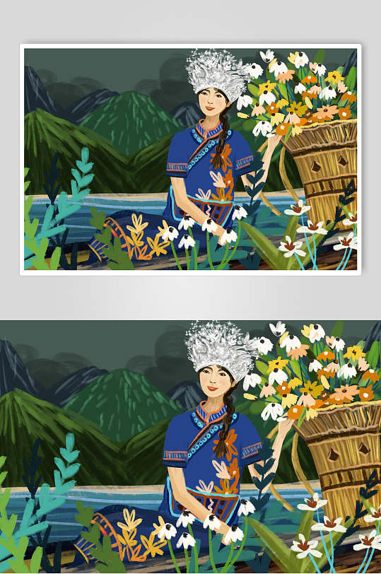 民族风湘西民族手绘插画素材
