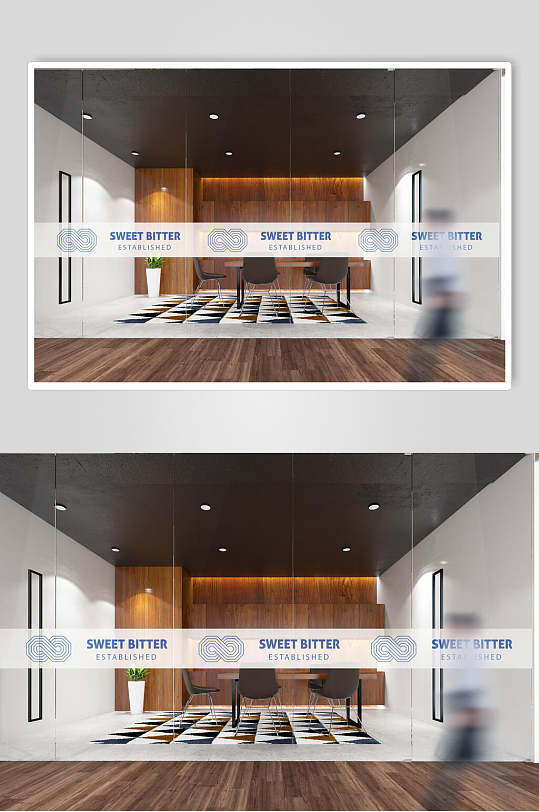 木板英文棕玻璃防撞条场景样机-众图网