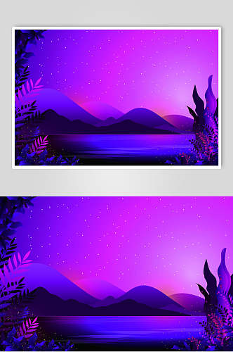 蓝紫色植物风景插画素材