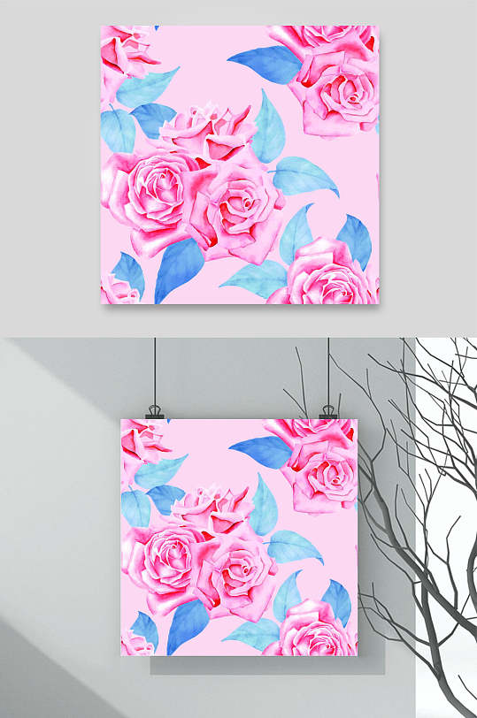 时尚粉蓝色森系花卉图案矢量素材