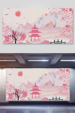 粉色新中式背景展板