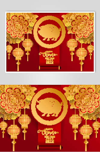 中式红金新年剪纸花卡矢量素材