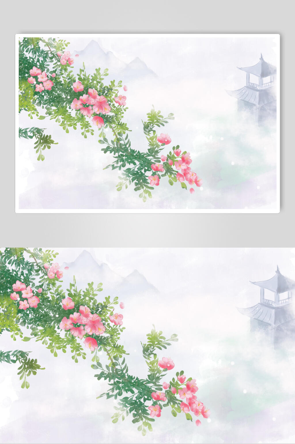 清新古典花卉山水水墨插画素材素材