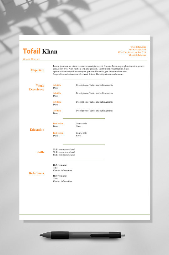 黄色字体国外英文简历WORD模板-众图网