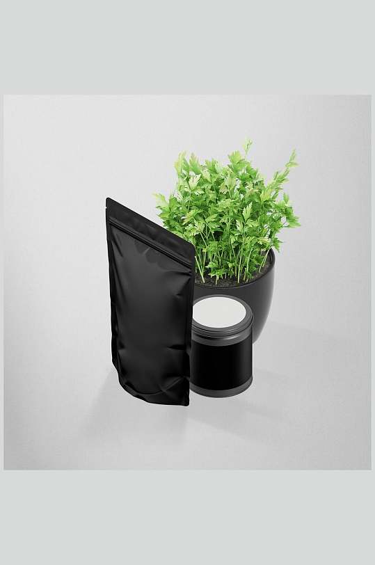 黑色封条塑料袋罐子绿色植物零食包装样机